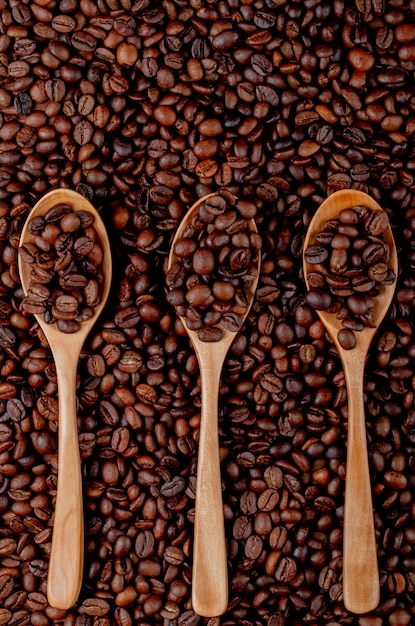 Coffee beans in wooden spoons on coffee beans top view