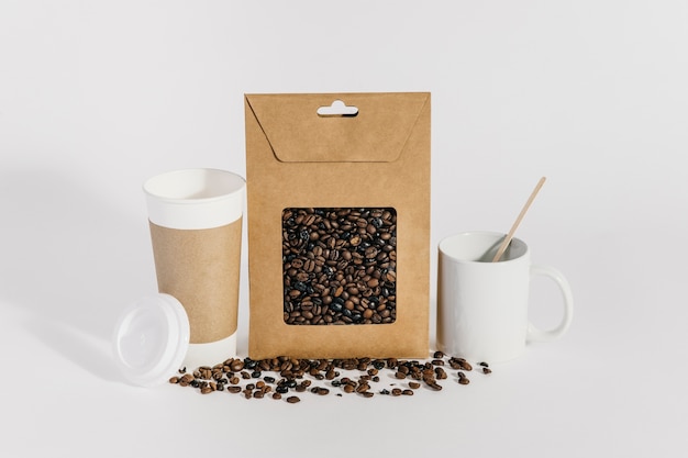 Coffee concept with bag and take away cup