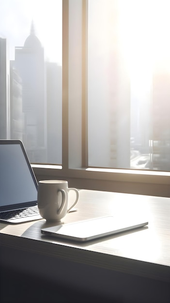 Coffee cup and laptop on the table with city view background