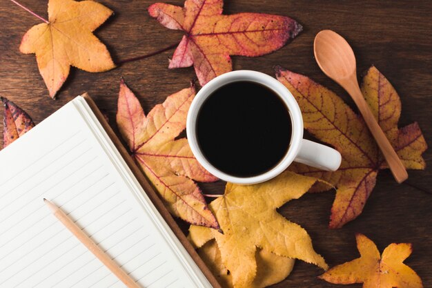 Coffee cup and notebook on autumn leaves background