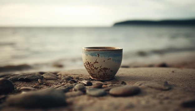 Coffee cup on pebble waves crash nearby generated by AI