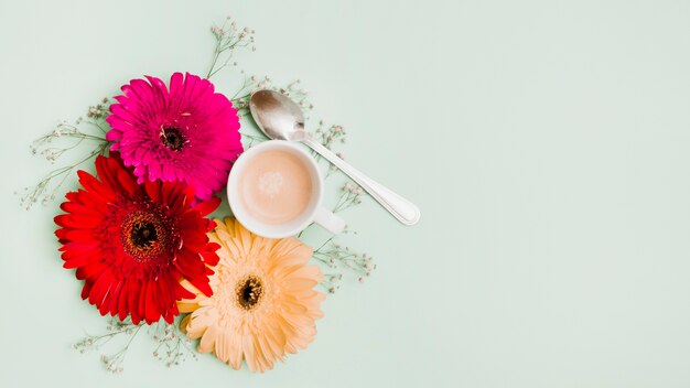 커피 컵과 숟가락 색 배경에 거 베라 꽃 장식