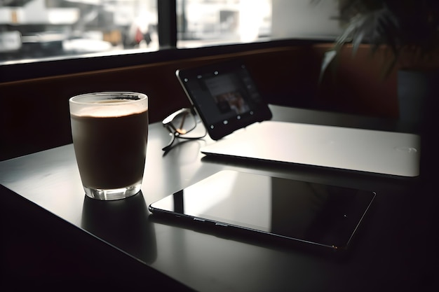 Foto gratuita una tazza di caffè e un tablet sul tavolo di un caffè