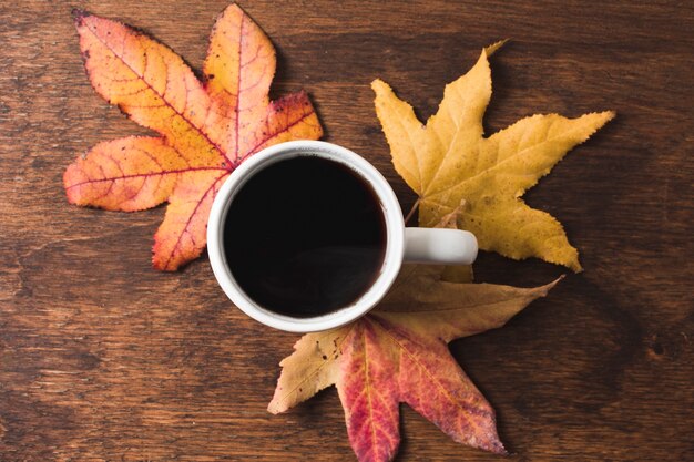 Coffee cup with autumn leaves on wooden background