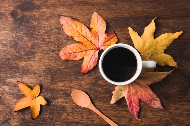 Coffee cup with autumn leaves on wooden background