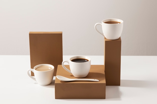 Free photo coffee cups and wooden boards arrangement