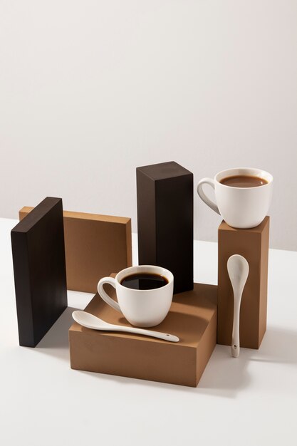 Coffee cups and wooden boards assortment high angle