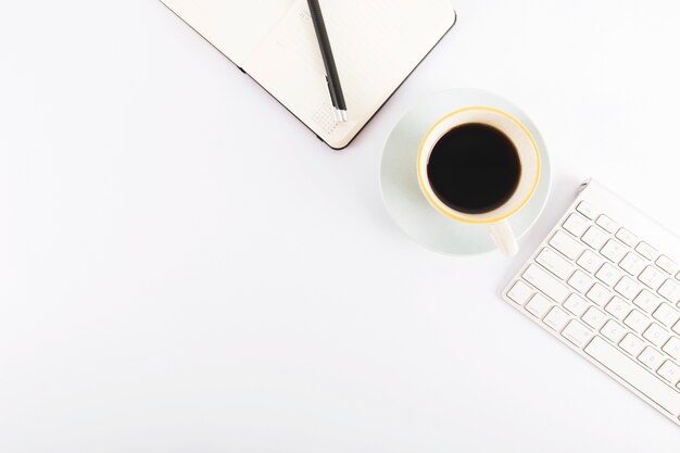 Coffee between keyboard and notebook