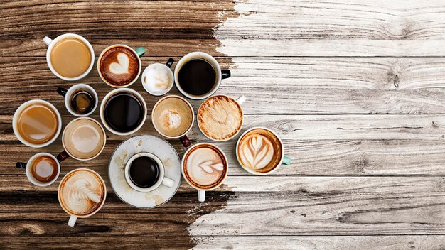 Coffee mugs on a pale white and brown wooden textured background