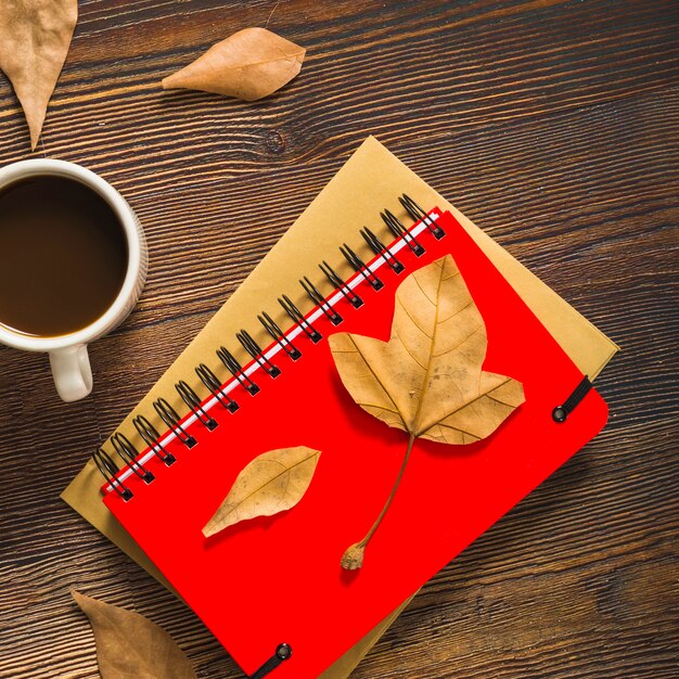 Coffee near leaves and notebooks