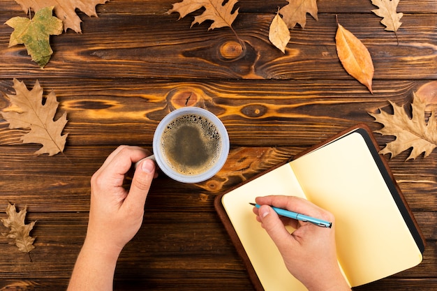 Coffee and notebook on autumn leaves background