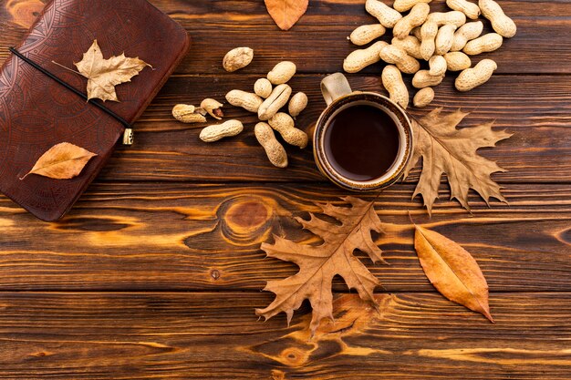 Coffee and nuts autumn background 
