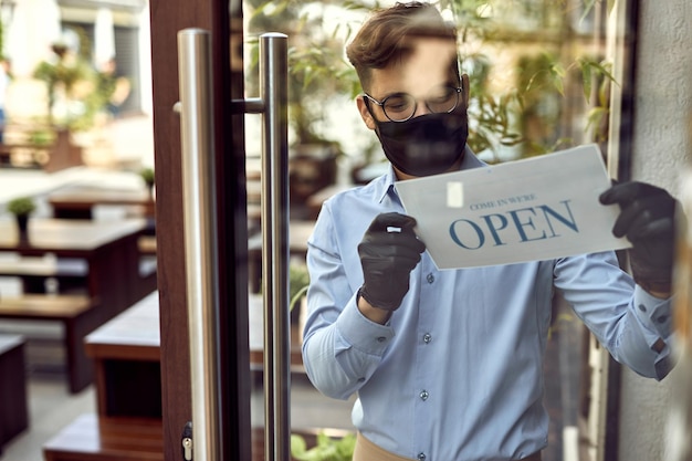 Coffee shop owner reopening after coronavirus epidemic and hanging open sign at the door