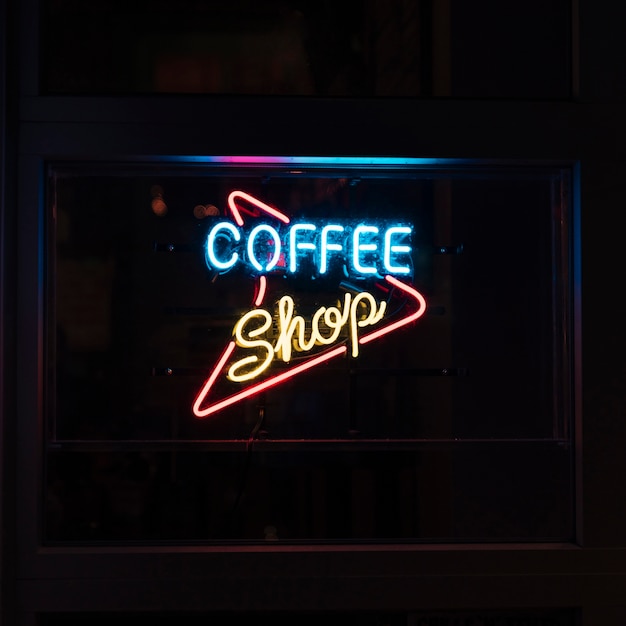 Coffee shop sign in neon lights for nocturnal people