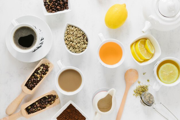 Coffee and tea on white table