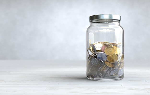 Coins in a glass jar Money saving concept