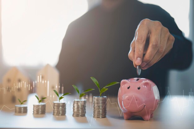 나무 탁자에 있는 모델의 미니 나무 집 모델이 있는 동전 더미와 분홍색 돼지, 부동산 구매 계획, 부동산 구매 계획. 개념, 비즈니스 금융 및 저축 돈 투자.