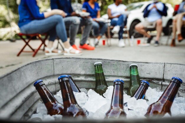 Cold beers in a bucket of ice