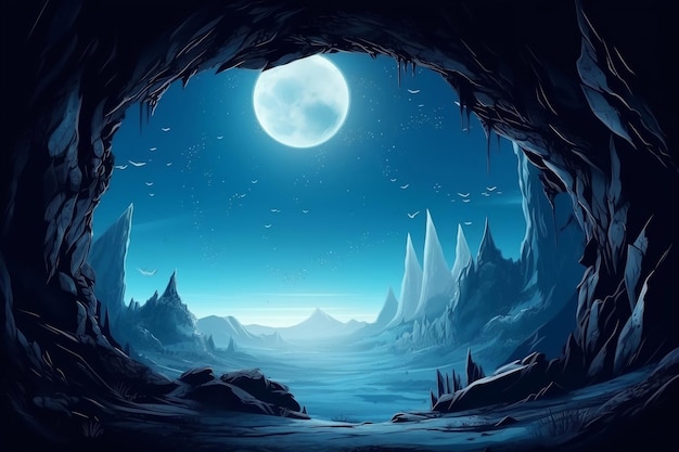 洞窟から見える冷たい青い荒れ地の風景と月の生成AI