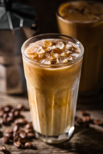 Cold coffee with ice and cream