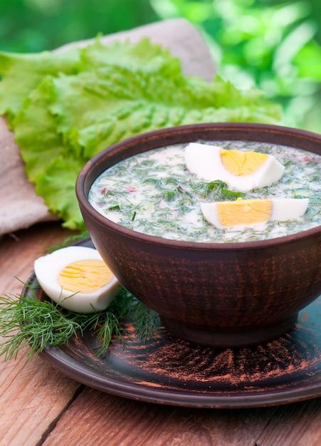 Cold vegetable kefir soup with eggs and greens