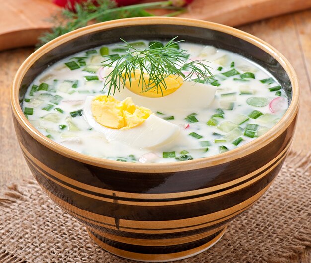 Cold vegetable kefir soup with eggs and greens