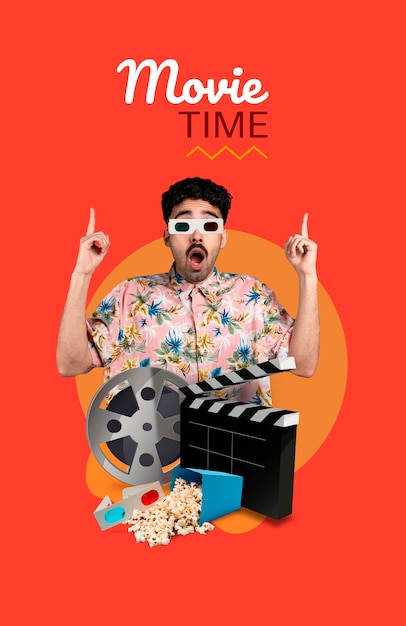 Бесплатное фото Коллаж о времени кино с мужчиной и рулоном пленки
