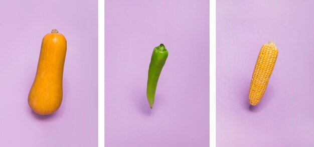 Collage of fresh vegetables on purple backdrop