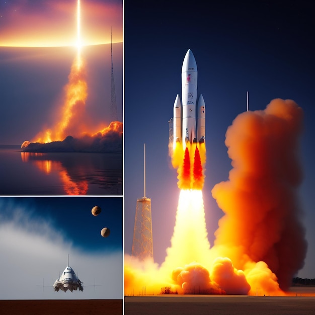 A collage of images of a rocket taking off.