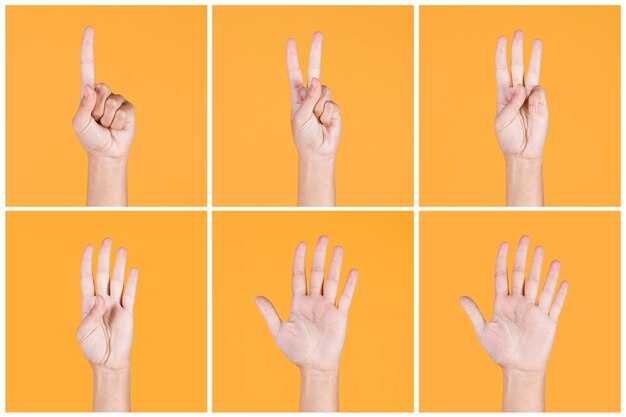 Collage of one to five fingers count signs over yellow backdrop