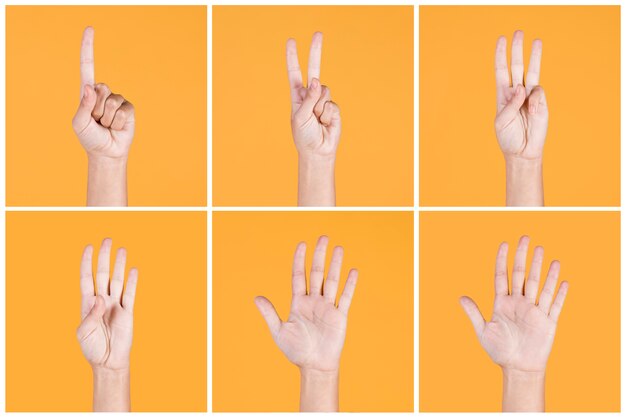 1本から5本の指のコラージュは、黄色の背景にサインを数えます