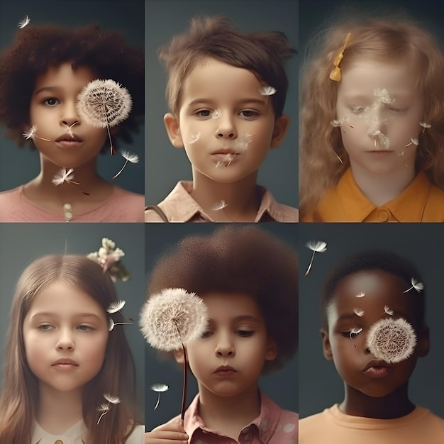 Free photo collage of young women with dandelions on their heads