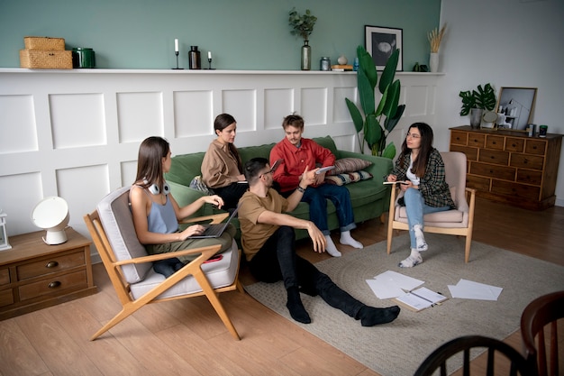 Colleagues talking and learning during study session