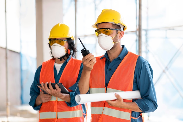 Free Photo colleagues with safety equipment working with blueprints