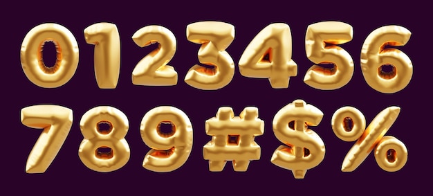 Collection of 3d golden number balloon 0 to 9, hashtag, dollar sign, percent