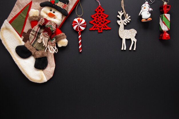 collection of christmas ornaments on black background