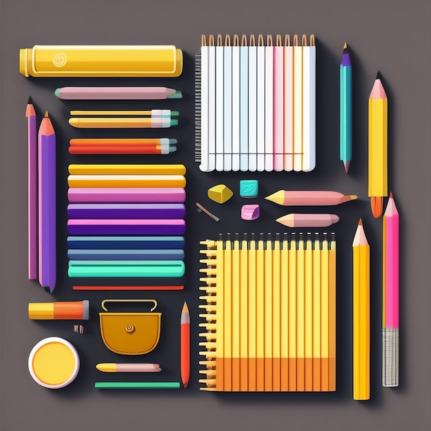 A collection of colored pencils, pens, and other items including a ruler.