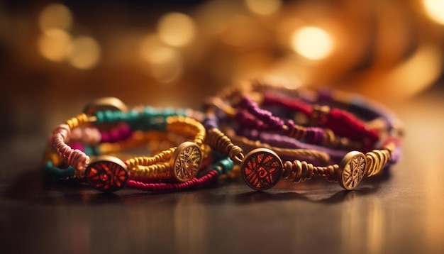 Free photo a collection of colorful bracelets with the word maharani on the side