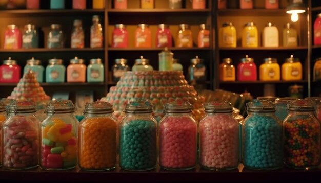 A collection of colorful jars filled with sweets generated by AI