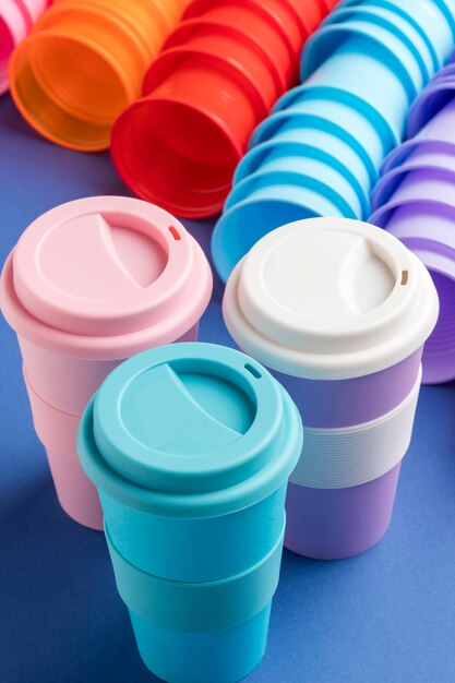 Collection of colorful reusable cups