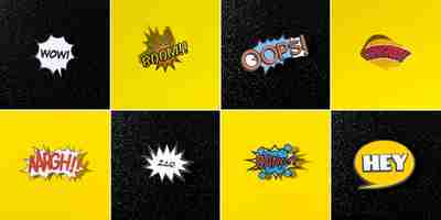 Free photo collection for comic style chat bubble for different word on black and yellow backdrop