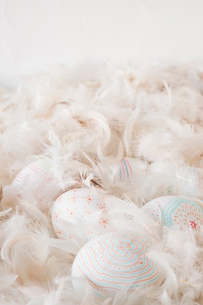 Collection of Easter chicken eggs between heap of quills