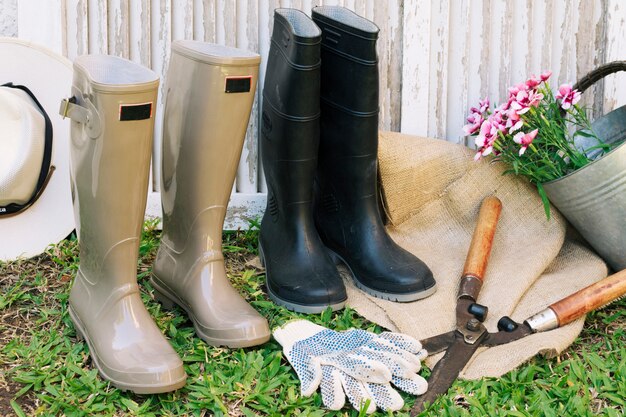 Collection of gumboots with secateur