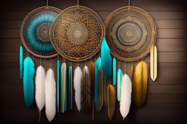 Free photo a collection of native american dream catchers hang on a wooden wall