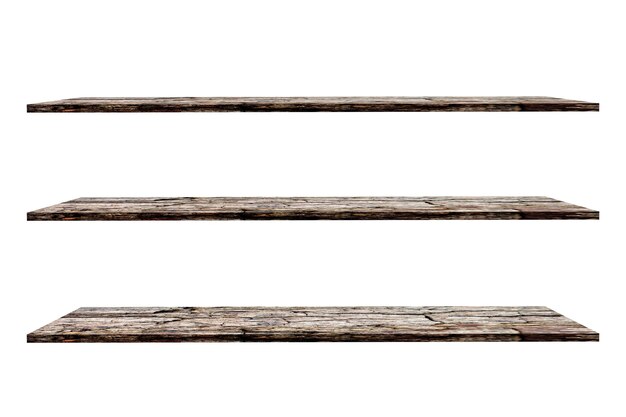 Collection old wooden shelves isolated on white background with clipping path. mockup product design.