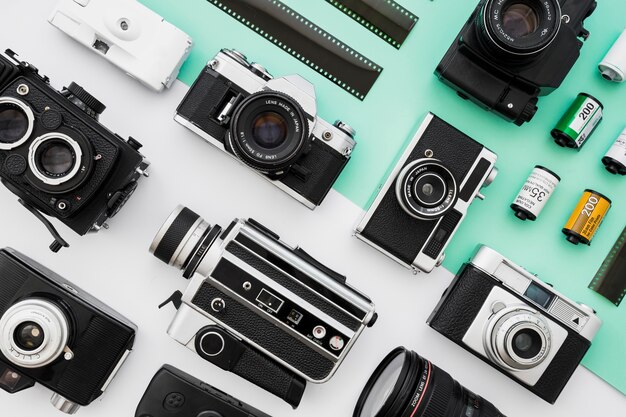 Collection of photo and video cameras near film
