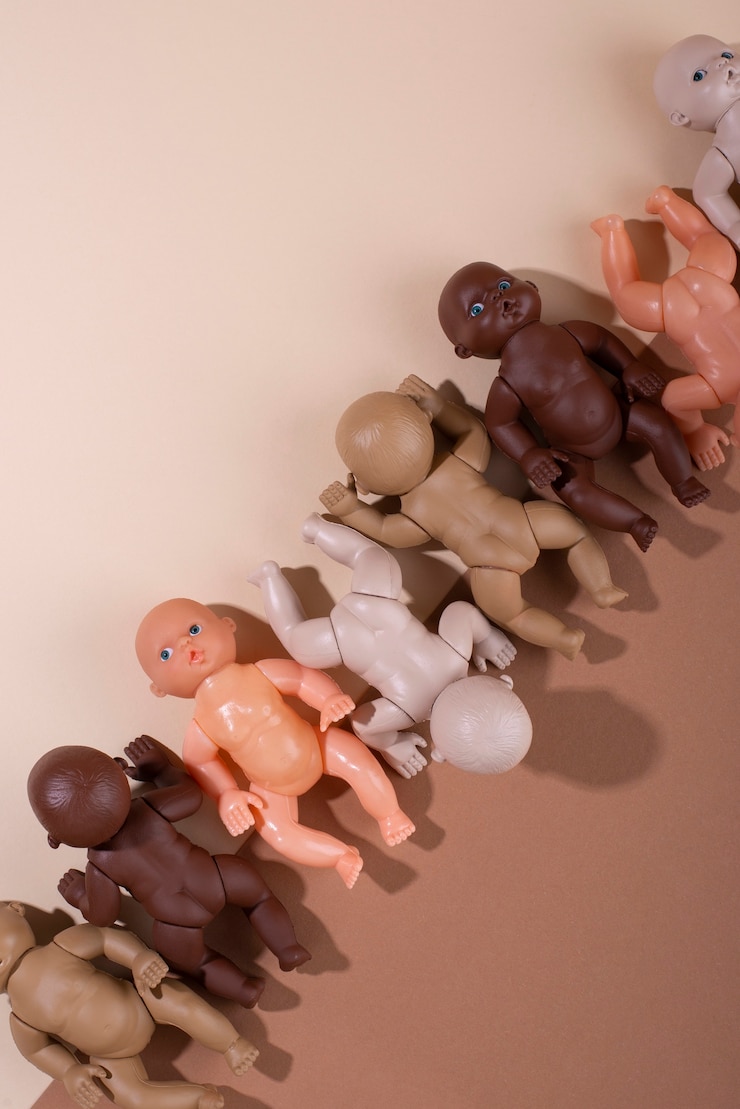 無料Photo さまざまな肌の色の子供たちのためのプラスチック製の赤ちゃん人形のコレクション