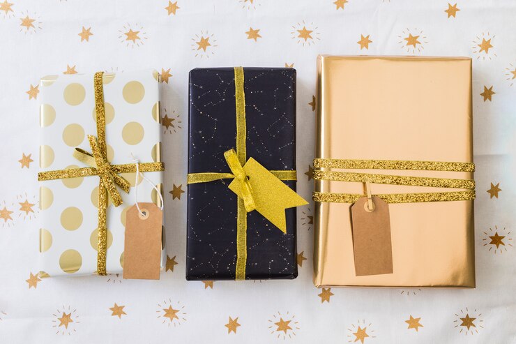 Collection of present boxes in wraps with tags