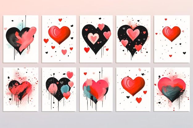 Коллекция шаблонов с вручную нарисованными акварельными сердцами