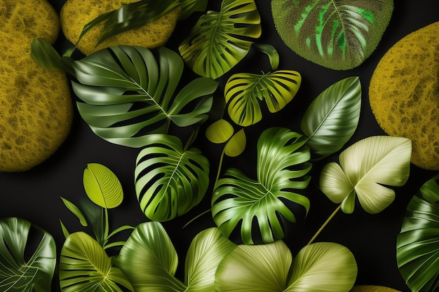 A collection of tropical plants including leaves and flowers